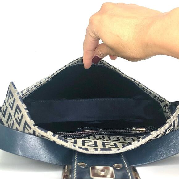 Vintage Fendi Zucchino Navy Blue FF Monogram Baguette Shoulder Bag - Picture 10 of 12